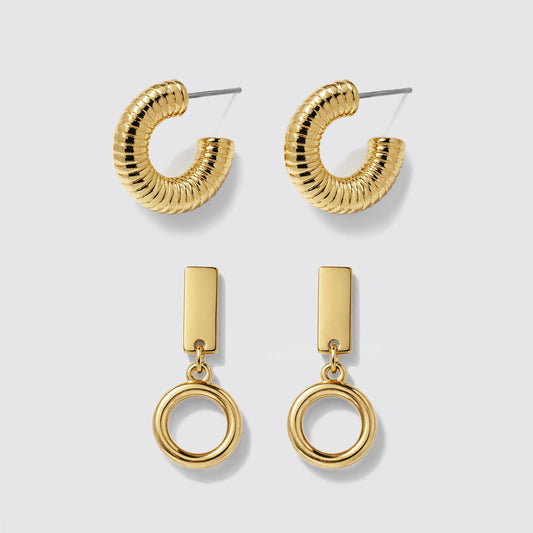 Set of 2 Gold-Tone Hoop and Drop Earrings