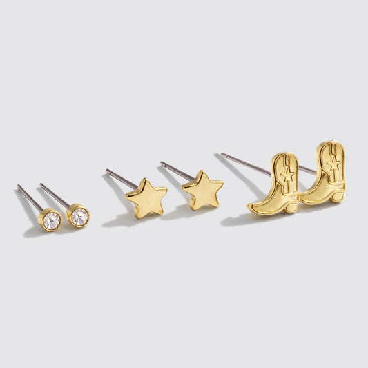 Set of 3 Gold-Tone Earrings Studs with Cowgirl Boots and Stars