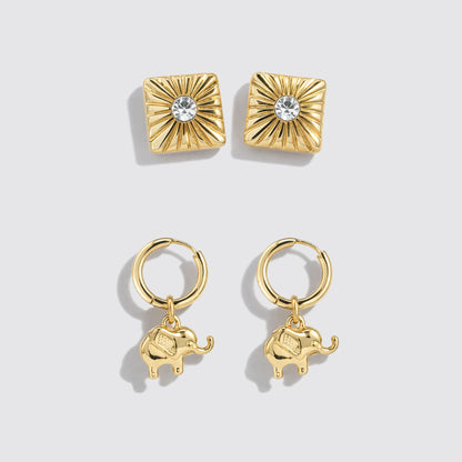 Set of 2 Gold-Tone Earrings with Sunburst Stud & Elephant Charm