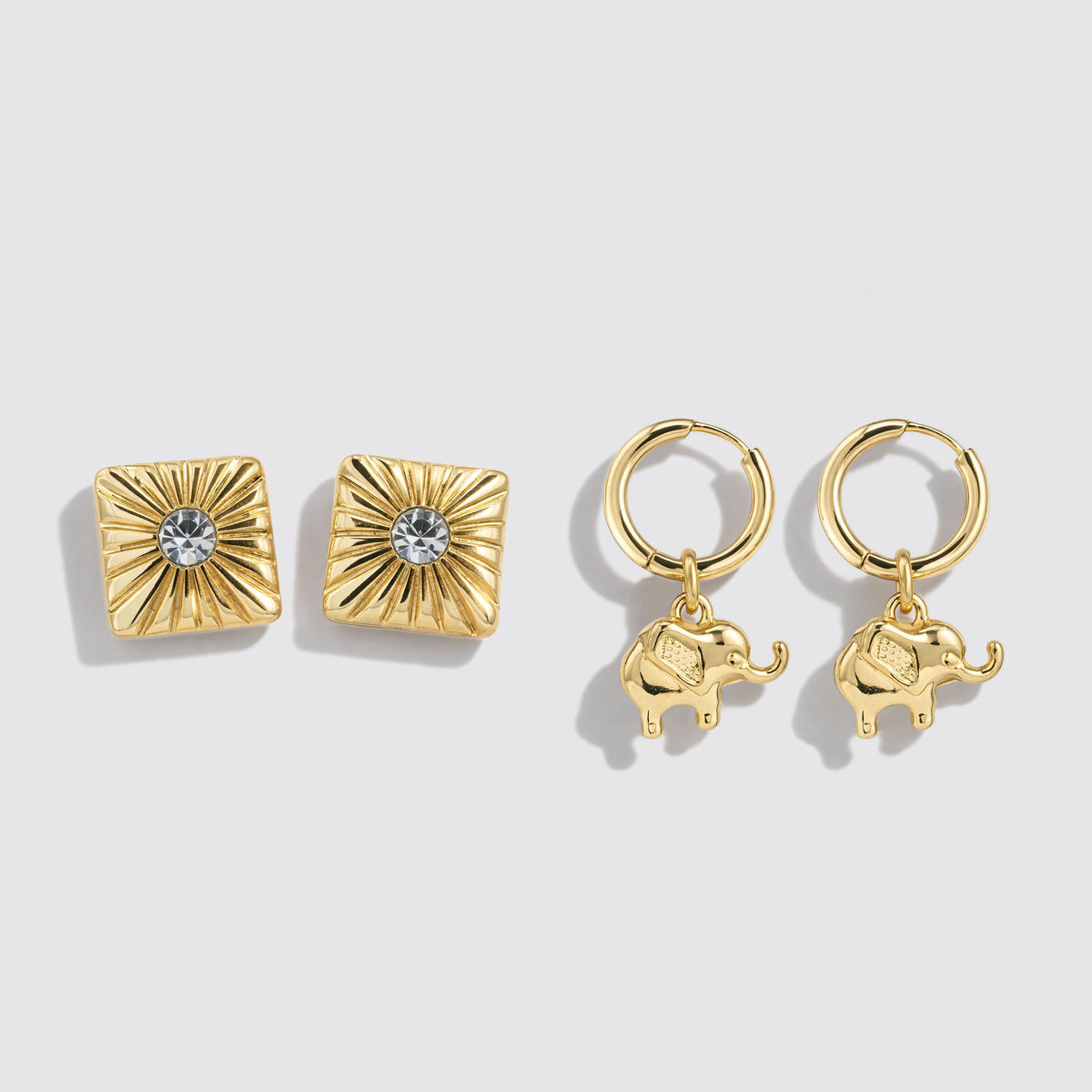 Set of 2 Gold-Tone Earrings with Sunburst Stud & Elephant Charm