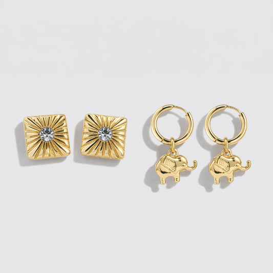 Set of 2 Gold-Tone Earrings with Sunburst Stud & Elephant Charm