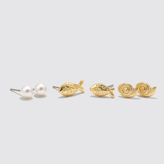 Set of 3 Gold-Tone Earrings with Pearl, Fish and Shell Stud