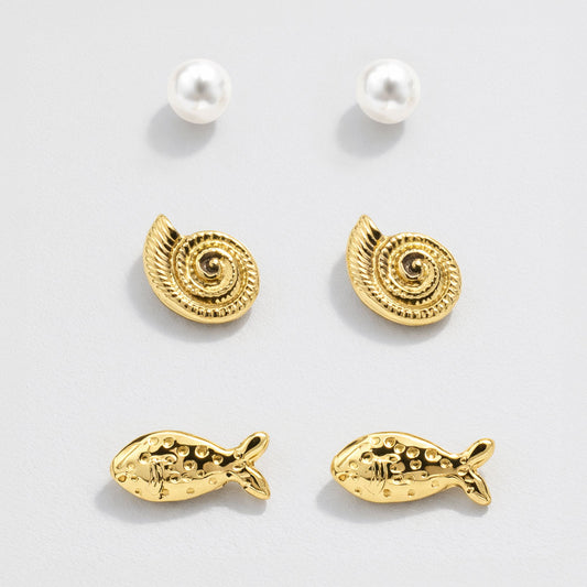 Set of 3 Gold-Tone Earrings with Pearl, Fish and Shell Stud