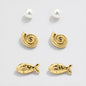 Set of 3 Gold-Tone Earrings with Pearl, Fish and Shell Stud