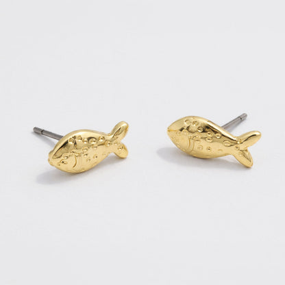 Set of 3 Gold-Tone Earrings with Pearl, Fish and Shell Stud