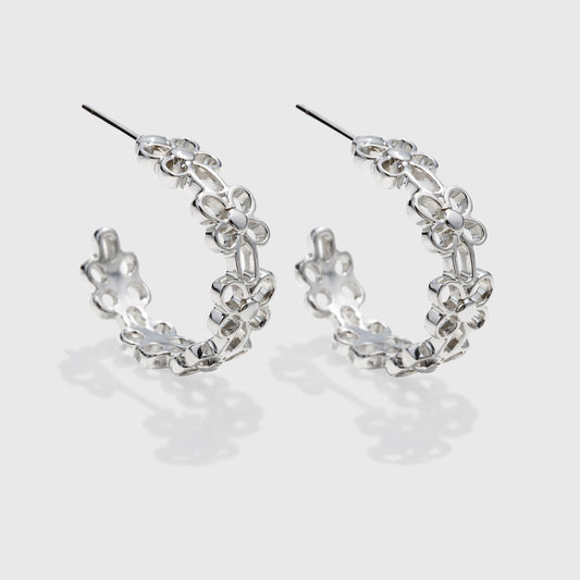 Silver-Tone Floral Hoop Earrings