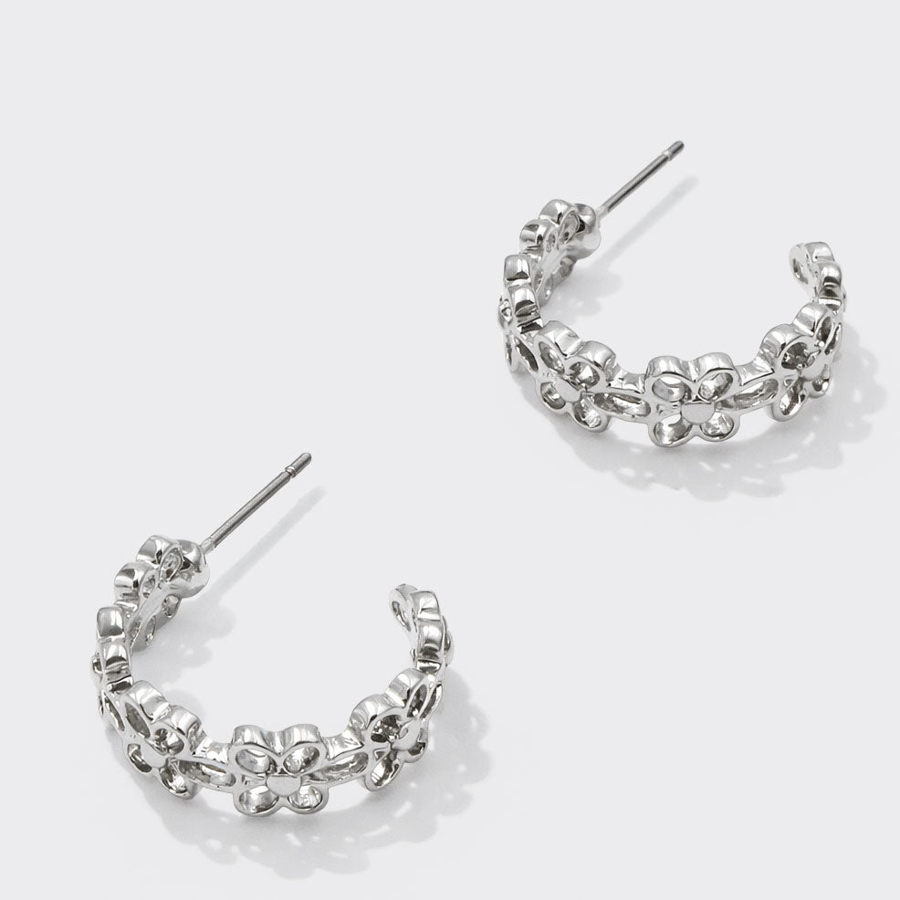 Silver-Tone Floral Hoop Earrings