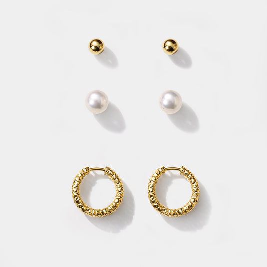 Set of golden earrings in stainless steel & pearls - SF253E006GL