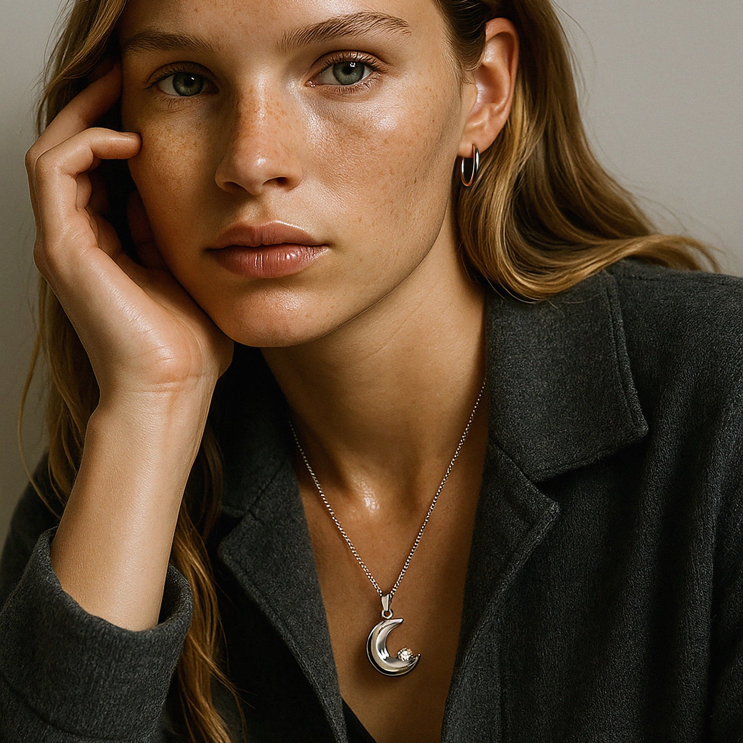 Collier argenté lune en acier inoxydable & zircon cubique - SF253N019SL