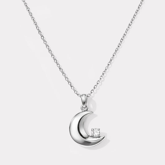 Moon charm silvered necklace in stainless steel & cubic zirconia - SF253N019SL