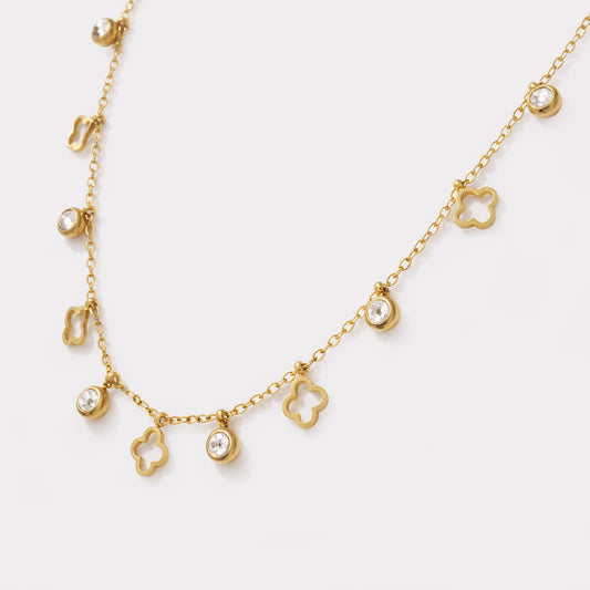 Flower charms golden necklace in stainless steel & cubic zirconia - SF253N020GL