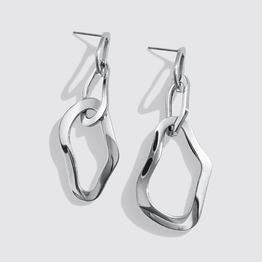 Silvered Triple Organic Hoop Drop Earrings Stainless Steel