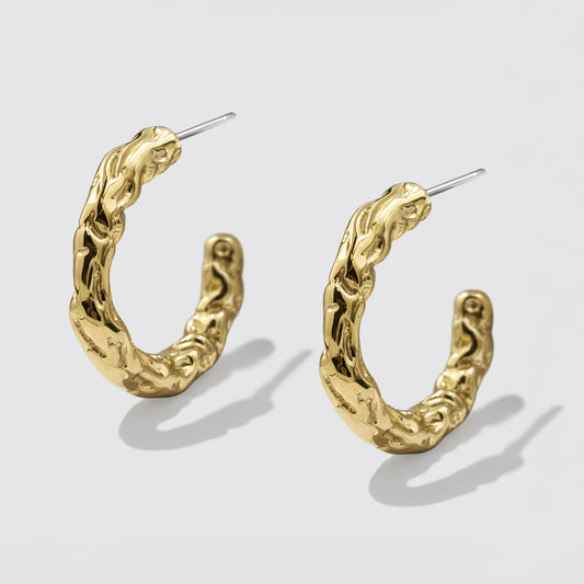 Golden Organic Texture Hoop Earrings Stainless Steel