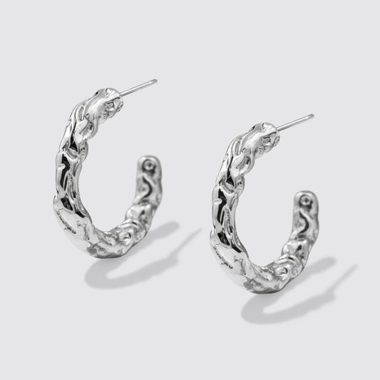 Silvered Organic Texture Hoop Earrings Stainless Steel