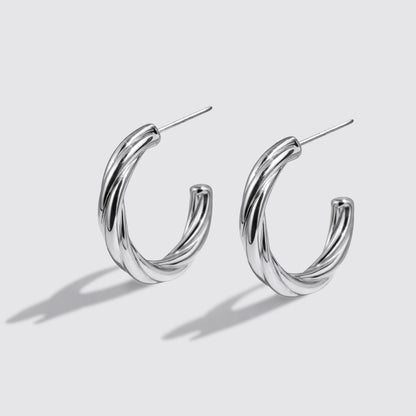 Silvered Twisted Hoop Earrings Stainless Steel