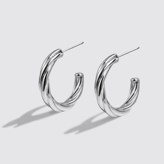 Silvered Twisted Hoop Earrings Stainless Steel