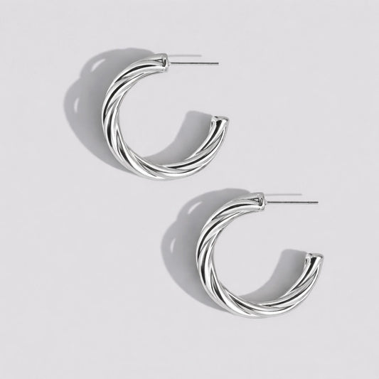 Silvered Twisted Hoop Earrings Stainless Steel