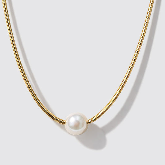 Golden Snake Mesh Necklace in Stainless Steel with Pearl
