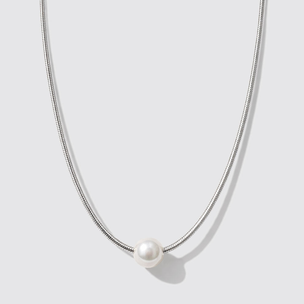 Silvered Snake Mesh Necklace in Stainless Steel with Pearl