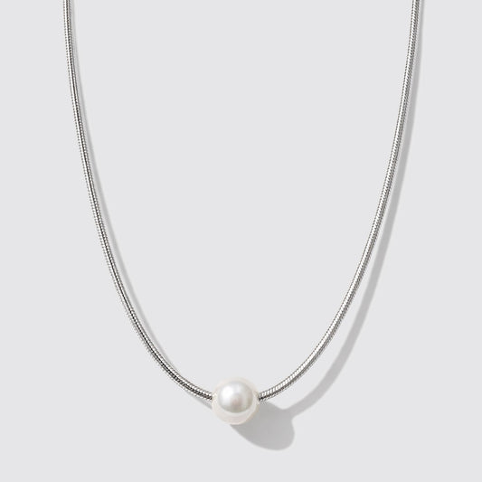 Silvered Snake Mesh Necklace in Stainless Steel with Pearl