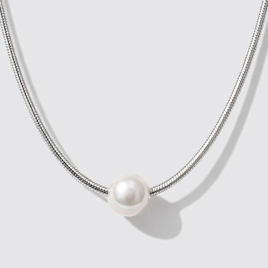 Silvered Snake Mesh Necklace in Stainless Steel with Pearl