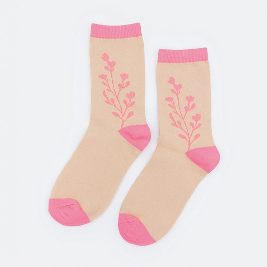 Beige & pale pink socks with long bunch of flowers - SO253-001PK