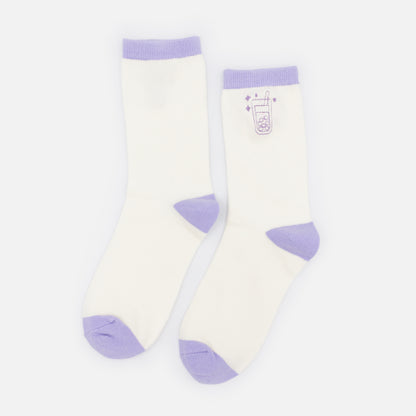 SO253-003PP - Cream & lilac socks with bubble tea embroidery