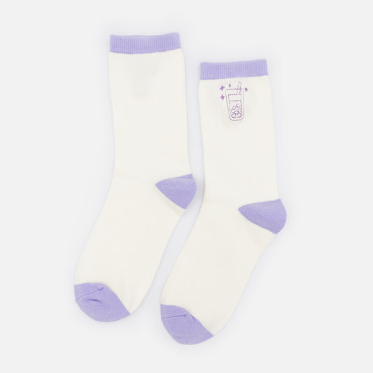 SO253-003PP - Cream & lilac socks with bubble tea embroidery