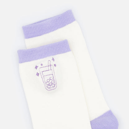 SO253-003PP - Cream & lilac socks with bubble tea embroidery