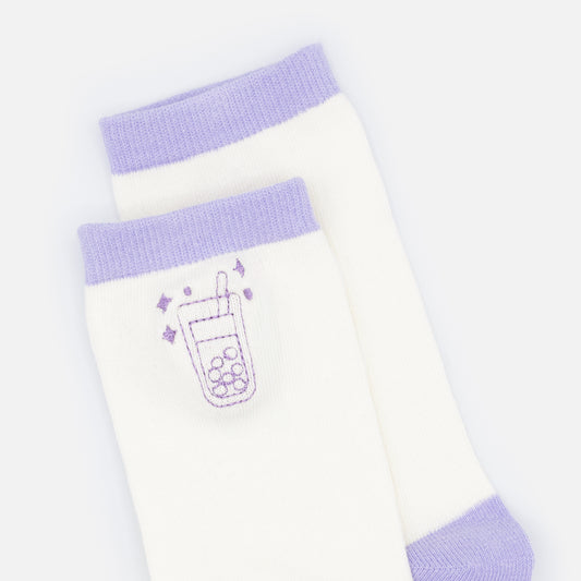 SO253-003PP - Cream & lilac socks with bubble tea embroidery
