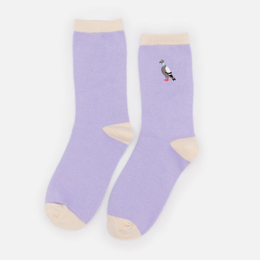 SO253-006PP - Lilac & beige socks with pigeon embroidery