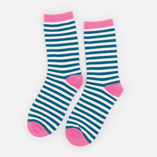 White & pink socks with teal stripes - SO253-026MM