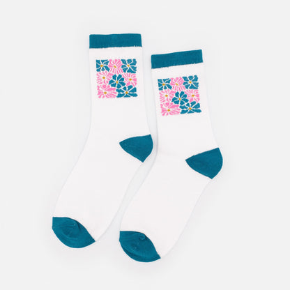 White socks with pink & teal flower pattern - SO253-027MM