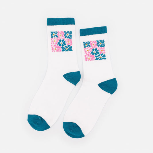 White socks with pink & teal flower pattern - SO253-027MM