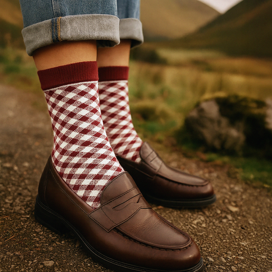 SO253-020BU - White & burgundy plaid socks