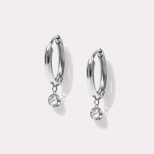 Cubic zirconia charm silvered huggies in stainless steel - SS201GE06AR