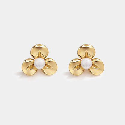 Golden flower earrings in stainless steel & pearl - SS253E002GL