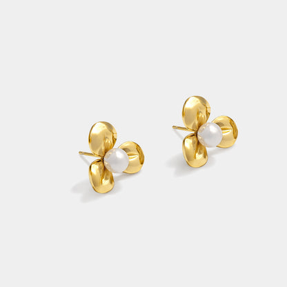 Golden flower earrings in stainless steel & pearl - SS253E002GL