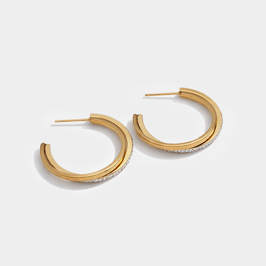 Golden hoop earrings in stainless steel & cubic zirconia - SS253E005GL