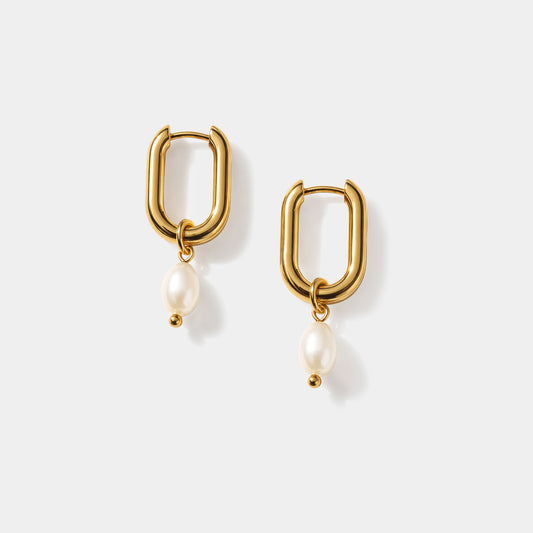 Golden hoop earrings in stainless steel with pearl charm - SS253E007GL