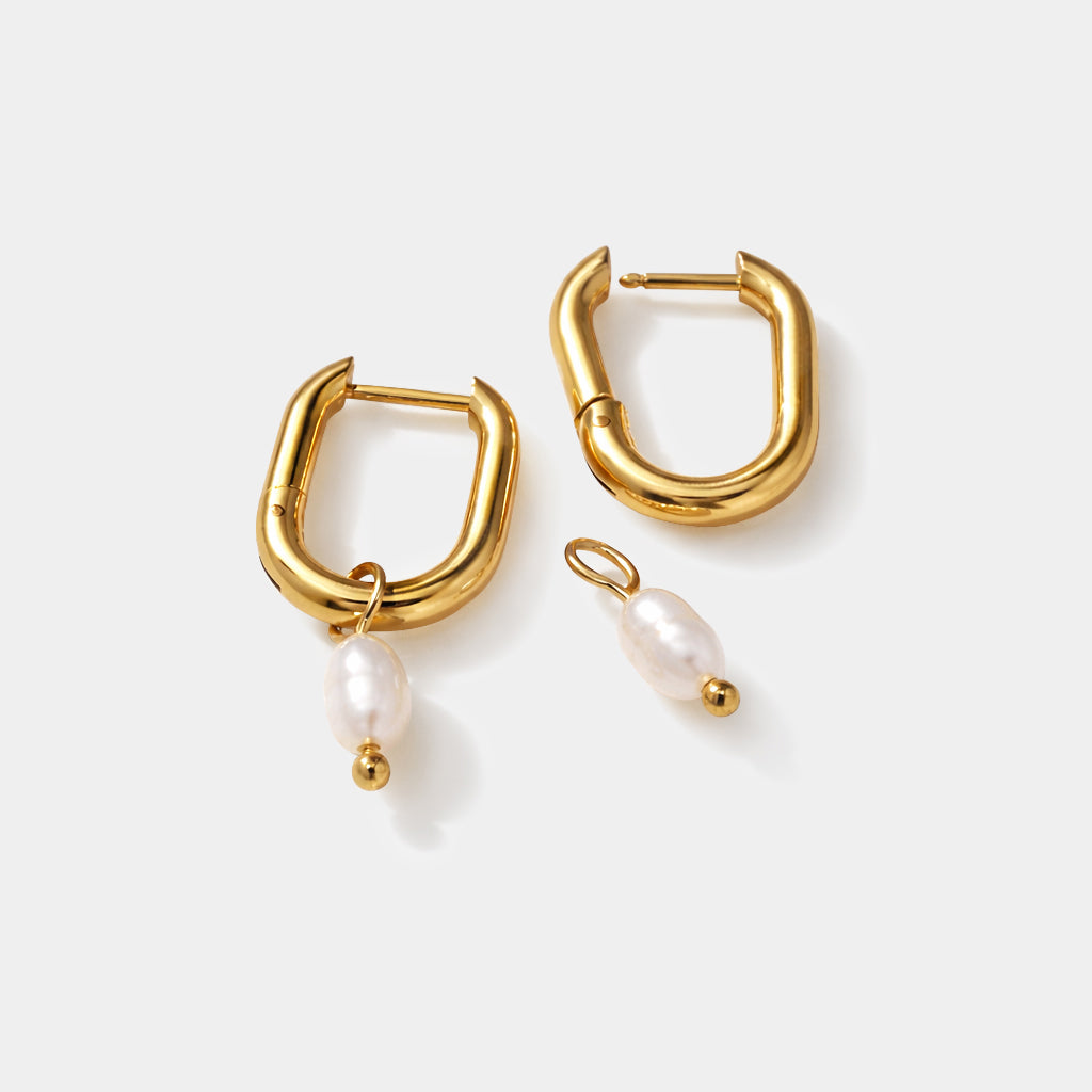 Boucles d'oreilles anneaux dorés en acier inoxydable breloque perle - SS253E007GL