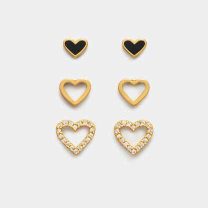 Trio de boucles d'oreilles cœurs noirs & dorés en acier inoxydable - SS253E013GL