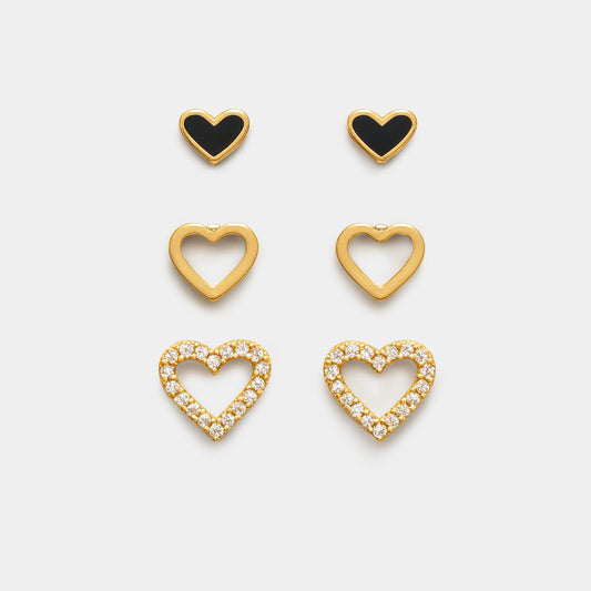 Black & golden hearts earring trio in stainless steel - SS253E013GL