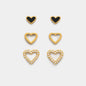 Trio de boucles d'oreilles cœurs noirs & dorés en acier inoxydable - SS253E013GL