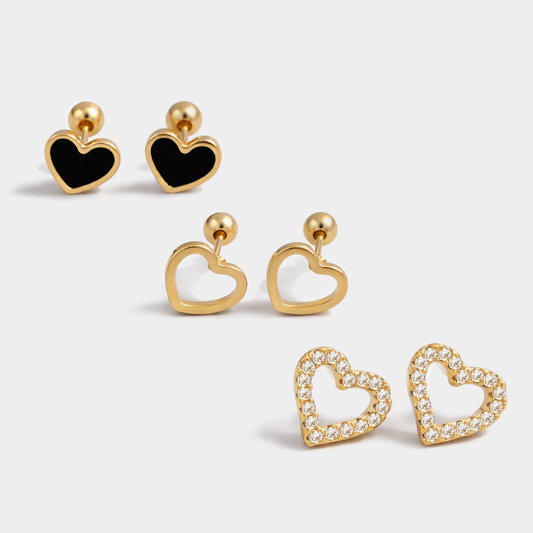 Black & golden hearts earring trio in stainless steel - SS253E013GL