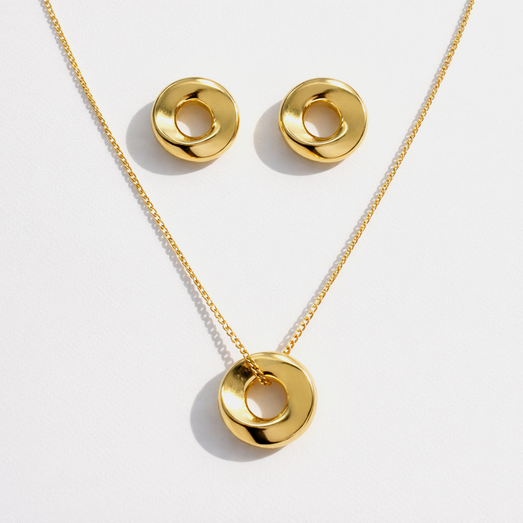 SS253K001GL - Collier & boucles d'oreilles dorés larges cercles imparfaits en acier inoxydable