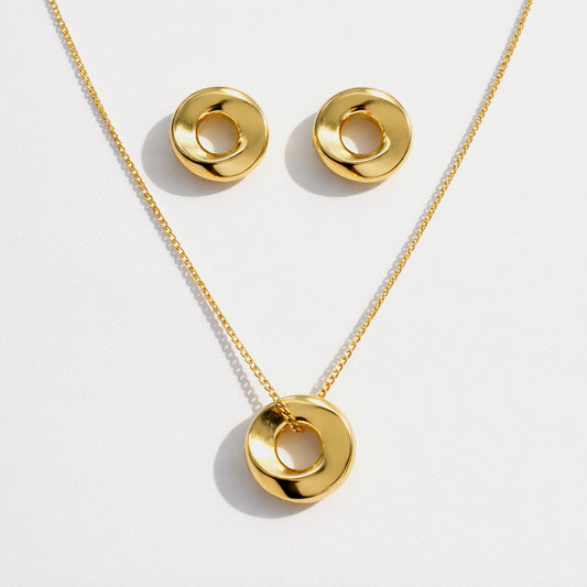 SS253K001GL - Large unperfect circles golden necklace & earrings in stainless steel