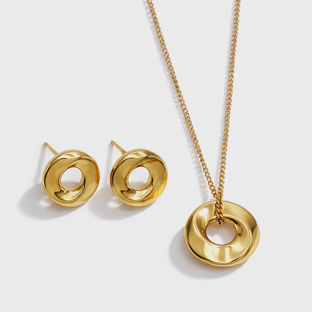 SS253K001GL - Collier & boucles d'oreilles dorés larges cercles imparfaits en acier inoxydable