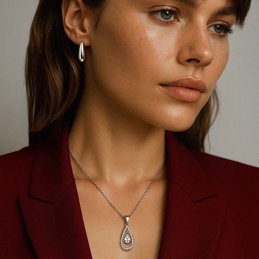 Drop charm silvered necklace in stainless steel & cubic zirconia - SS253N018SL