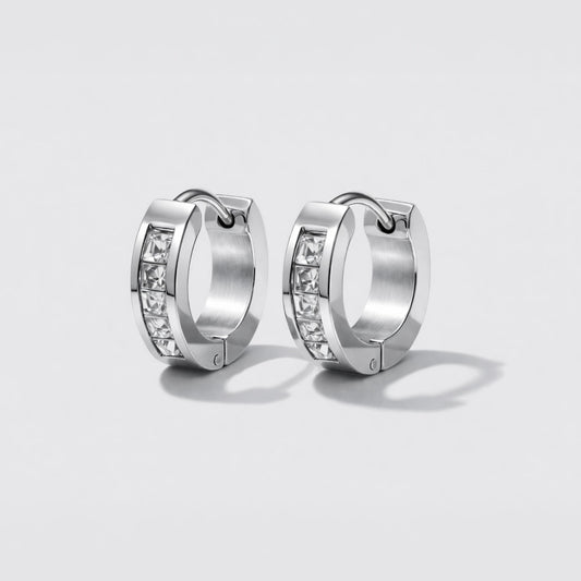 Silvered Huggies in Stainless Steel with Crystal Stones